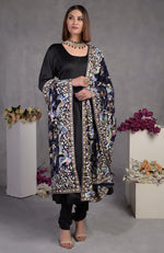 Pre-Order Masterpiece Navy Blue Floral Parsi Gara Hand Embroidered Dupatta