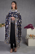 Pre-Order Masterpiece Navy Blue Floral Parsi Gara Hand Embroidered Dupatta