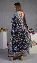 Pre-Order Masterpiece Navy Blue Floral Parsi Gara Hand Embroidered Dupatta