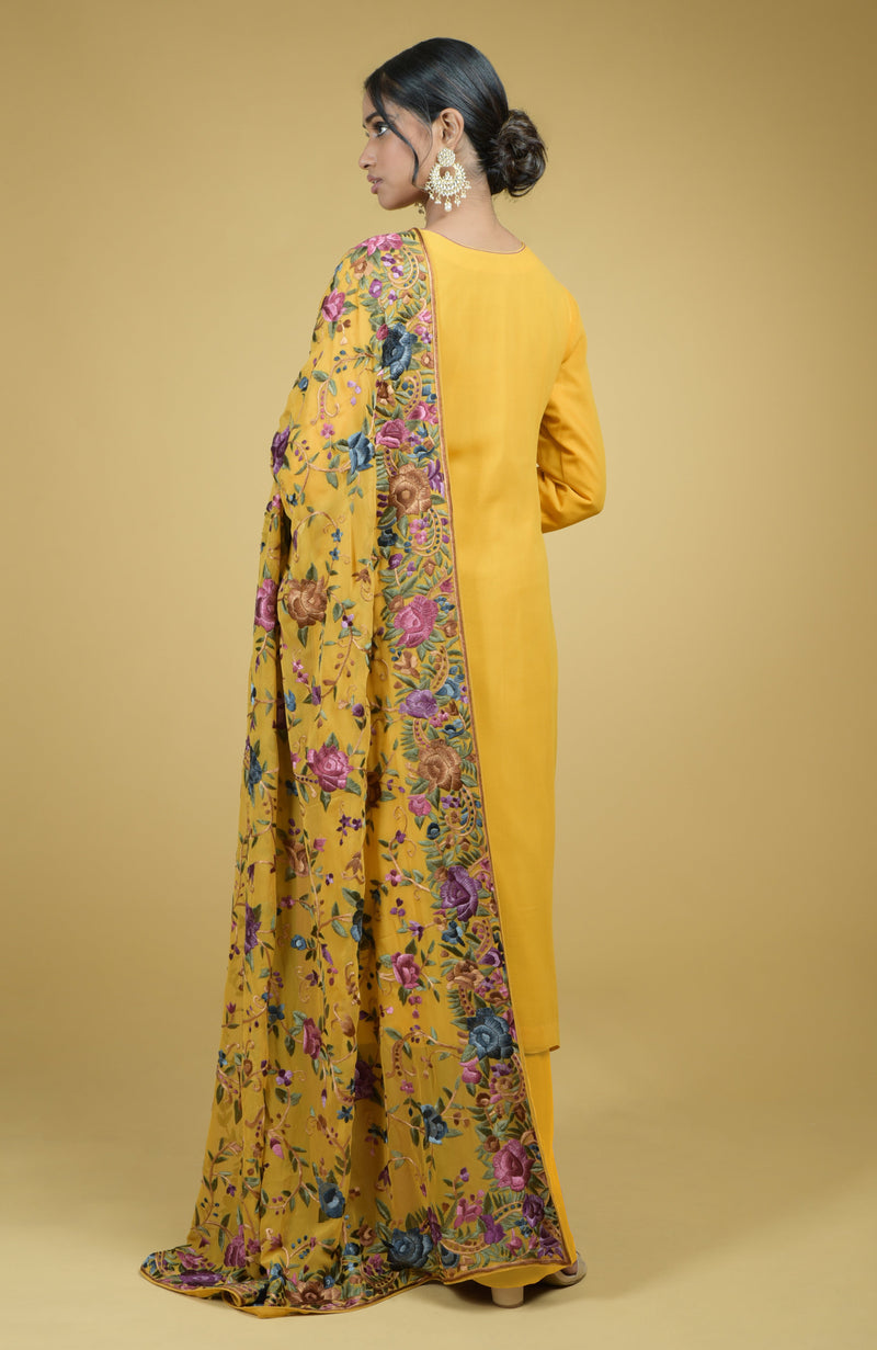 Masterpiece Calendula Floral Parsi Gara Hand Embroidered Dupatta With Suit