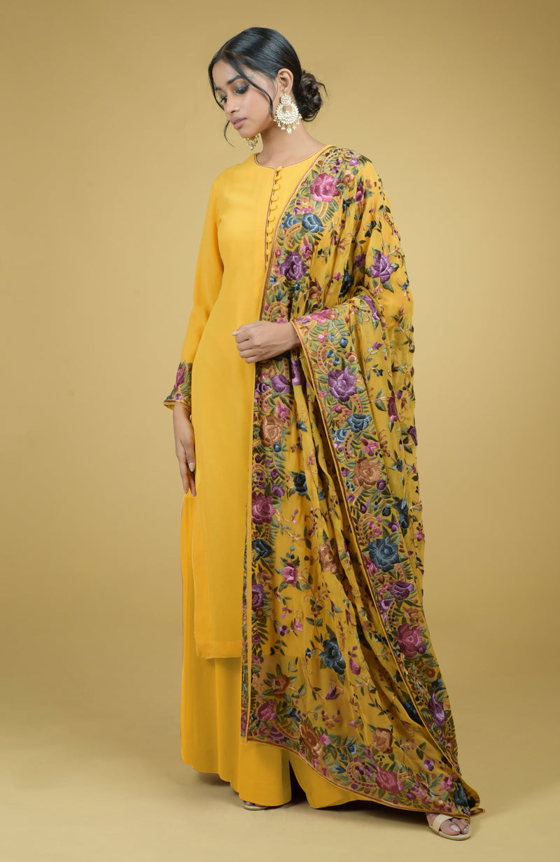 Masterpiece Calendula Floral Parsi Gara Hand Embroidered Dupatta With Suit