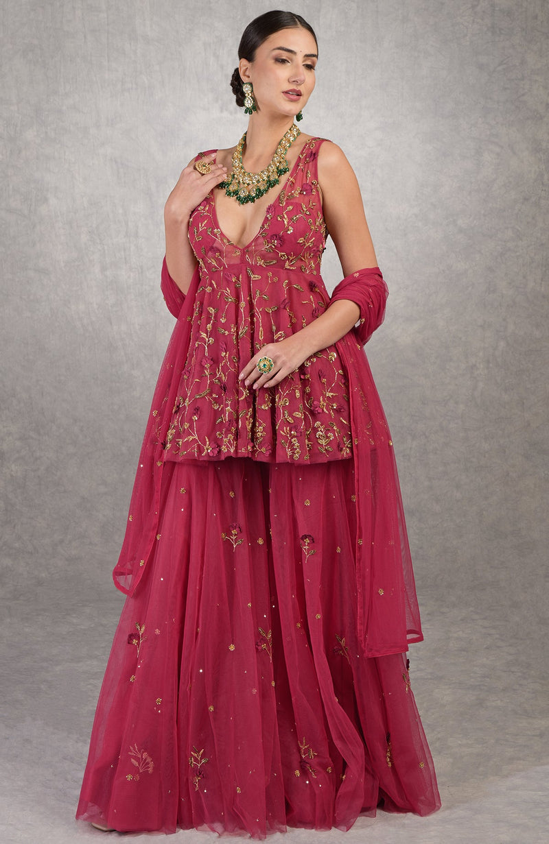 Red 3 D Floral & Zardozi Hand Embroidered Sharara Set