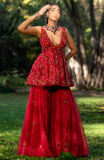 To be in love Red 3 D Floral & Zardozi Hand Embroidered Sharara Set