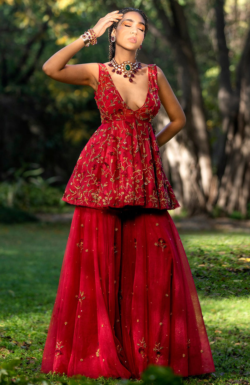 To be in love Red 3 D Floral & Zardozi Hand Embroidered Sharara Set