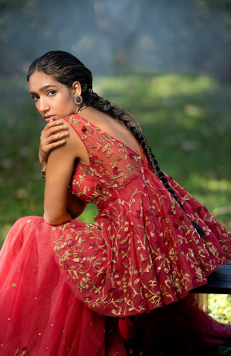 To be in love Red 3 D Floral & Zardozi Hand Embroidered Sharara Set