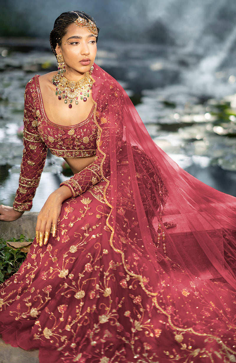 She Walks In Beauty Rose Wine Lehenga Set