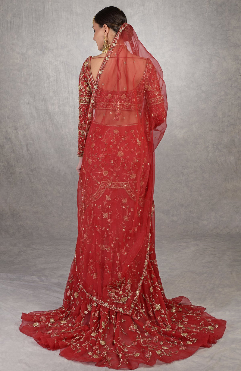 Scarlet Red Beads & Crystal Hand Embroidered Dupatta