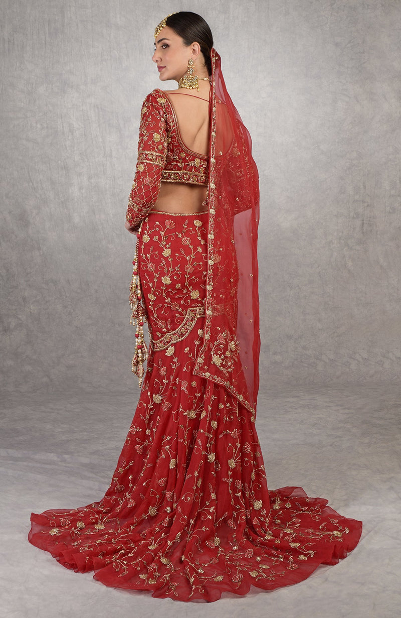 Scarlet Red Beads & Crystal Hand Embroidered Dupatta