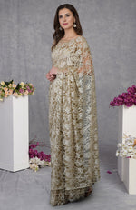 Beige French Chantilly Lace Saree With and Embroidered Blouse