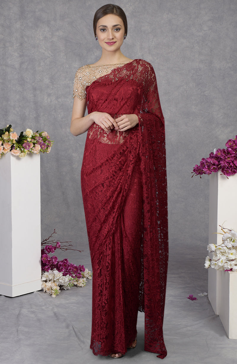 Maroon French Chantilly Lace Saree With Hand Embroidered Blouse