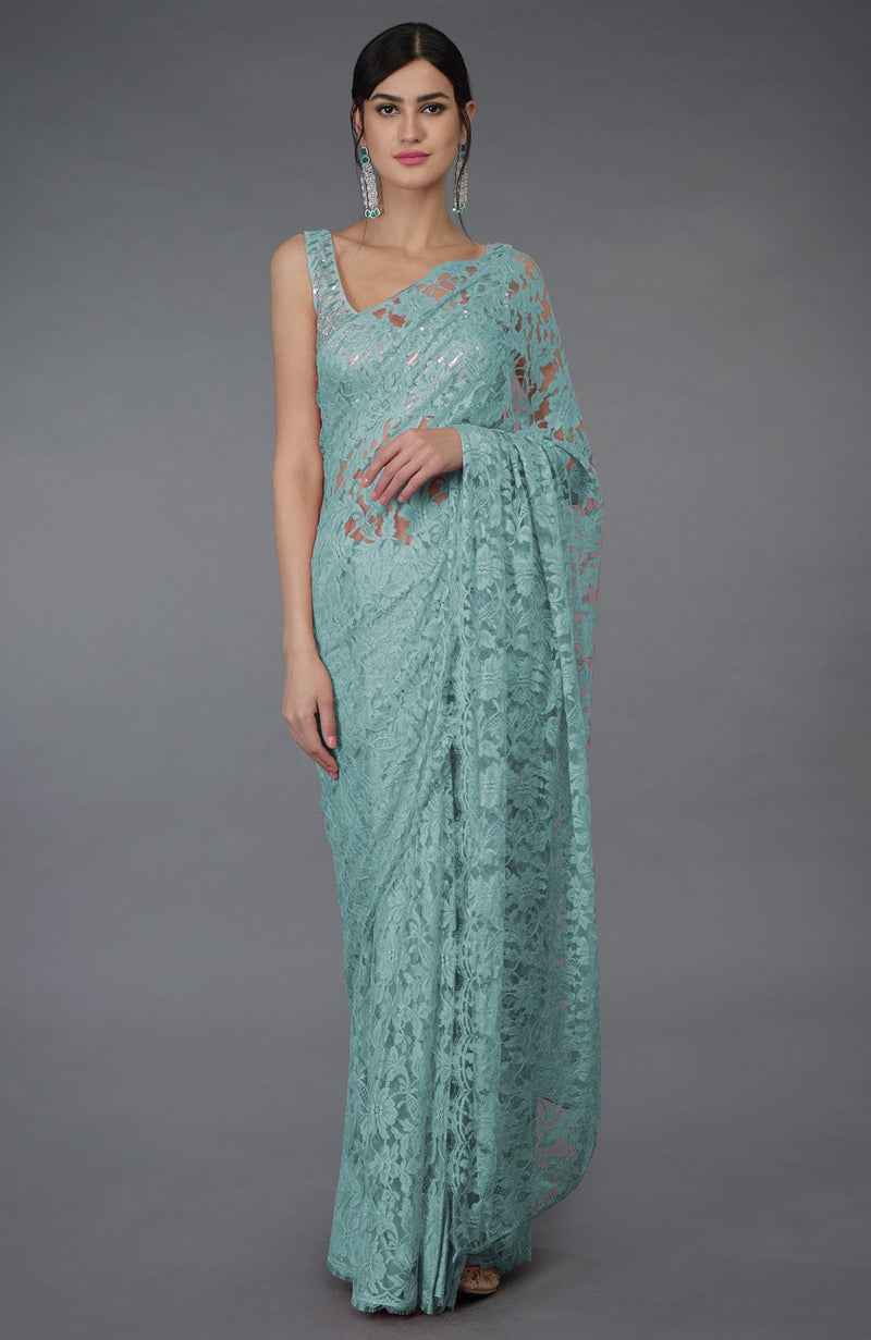 Elderberry French Chantilly Lace Saree With Hand Embroidered Blouse