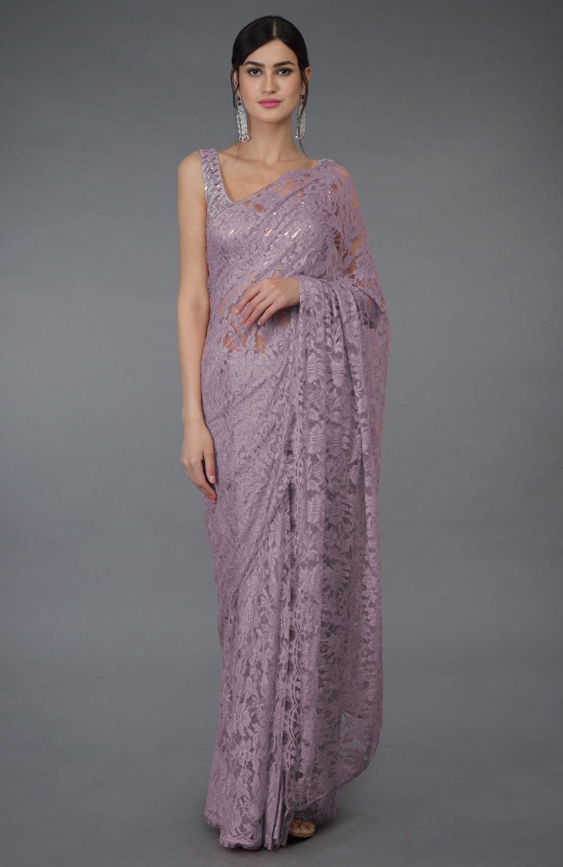 Elderberry French Chantilly Lace Saree With Hand Embroidered Blouse