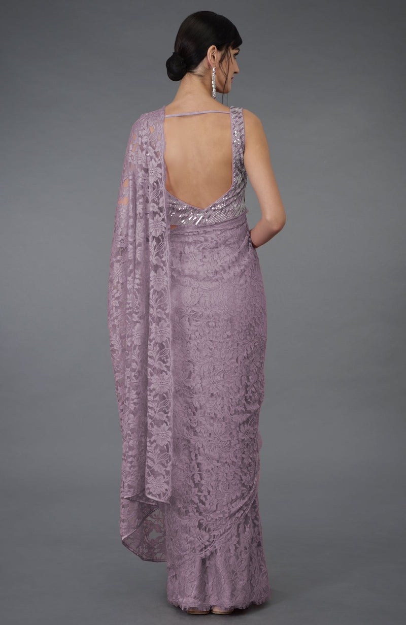 Elderberry French Chantilly Lace Saree With Hand Embroidered Blouse