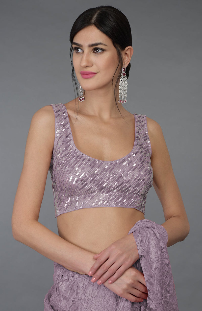 Elderberry French Chantilly Lace Saree With Hand Embroidered Blouse