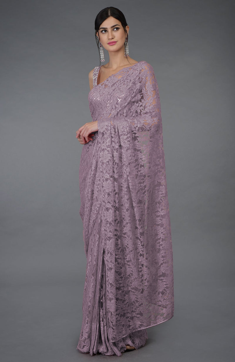 Elderberry French Chantilly Lace Saree With Hand Embroidered Blouse