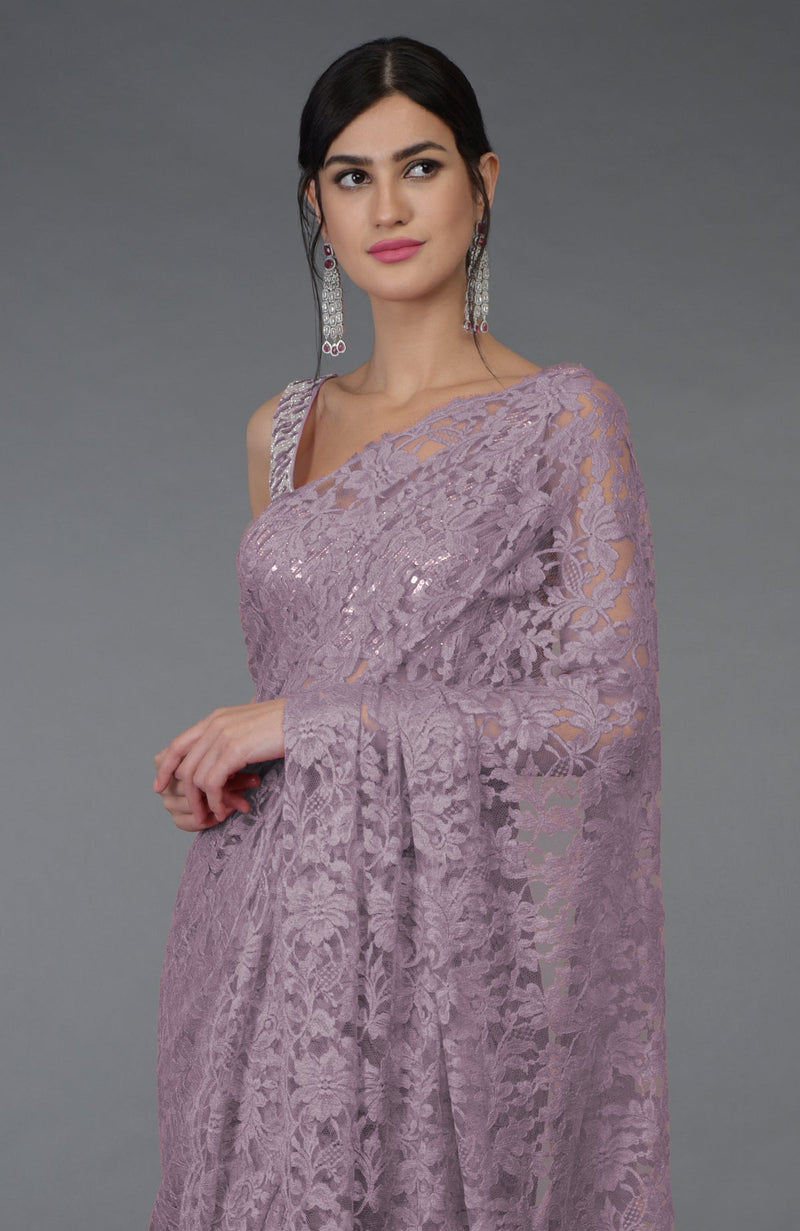 Elderberry French Chantilly Lace Saree With Hand Embroidered Blouse
