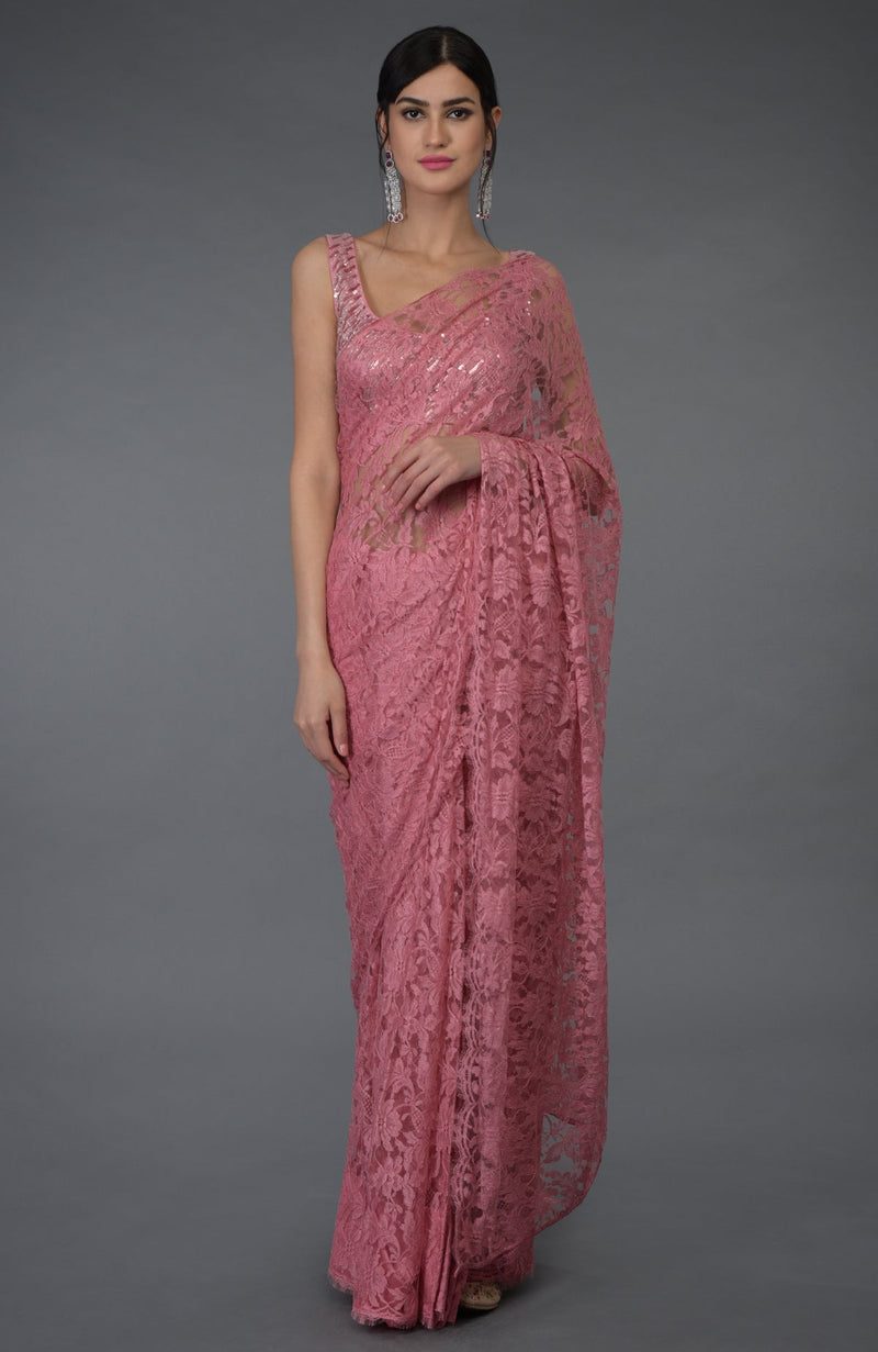 Elderberry French Chantilly Lace Saree With Hand Embroidered Blouse