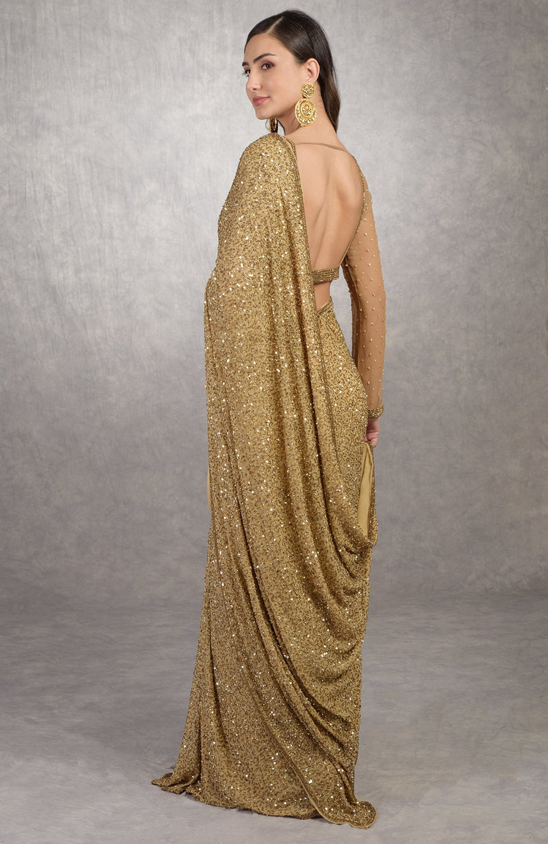 Cleopatra Gold Bead & Sequin Hand Embroidered Saree
