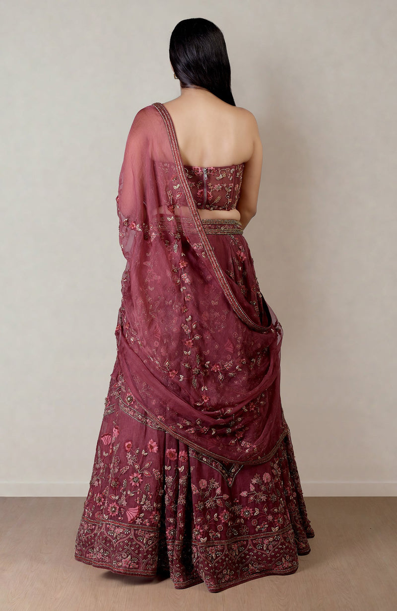 A Love Song Burgundy Wine Lehenga With Corset