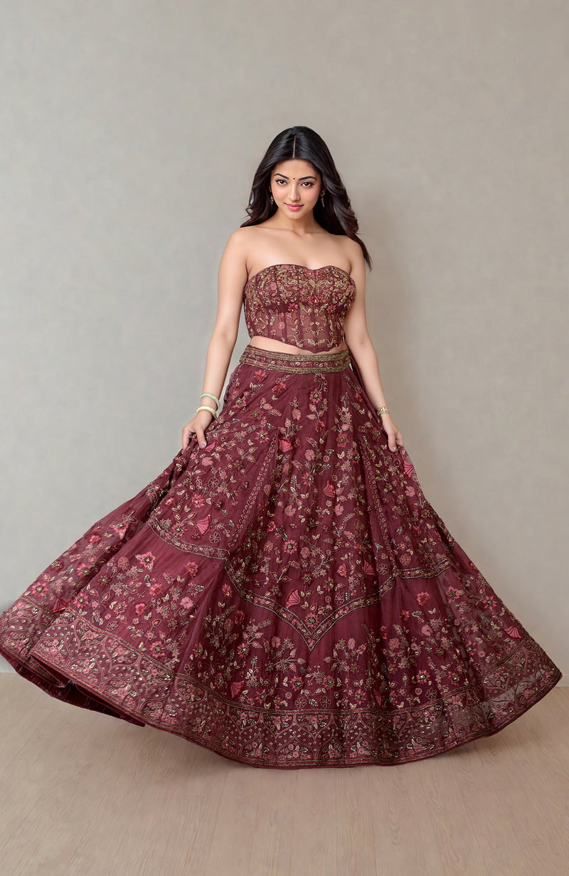 A Love Song Burgundy Wine Lehenga With Corset