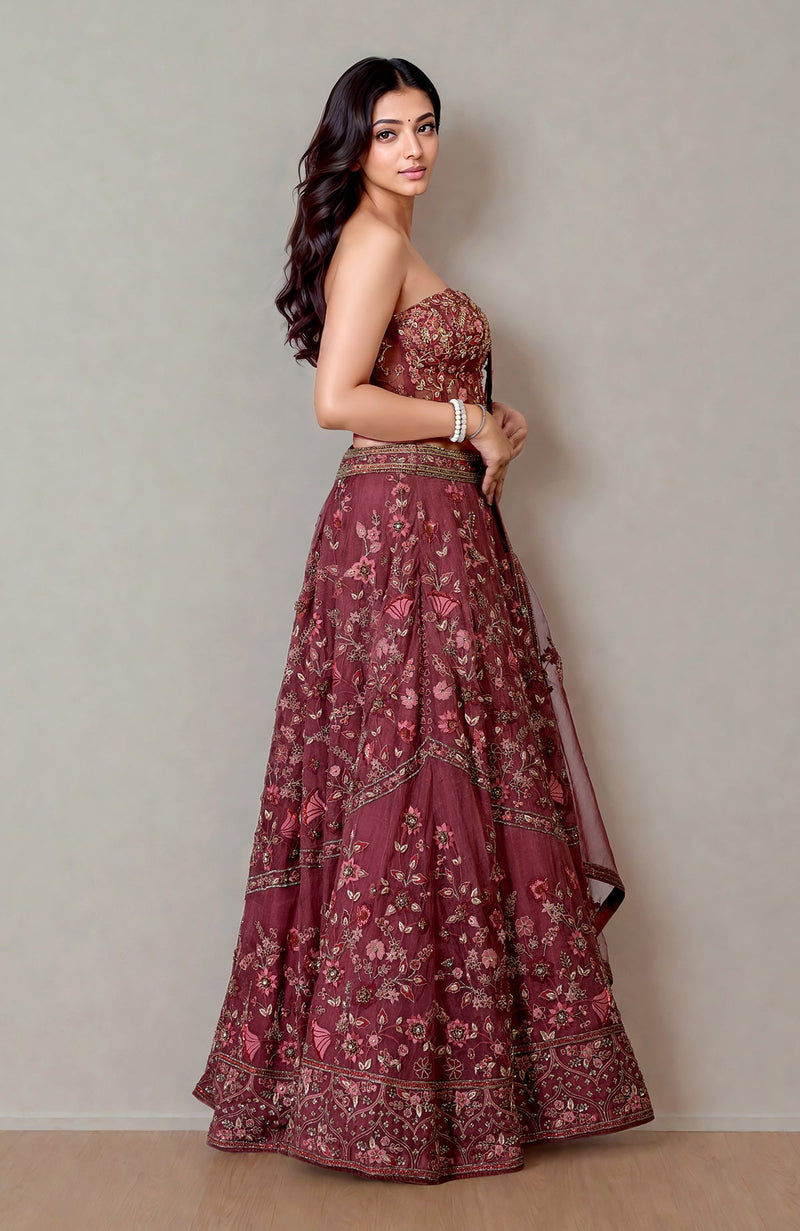 A Love Song Burgundy Wine Lehenga With Corset