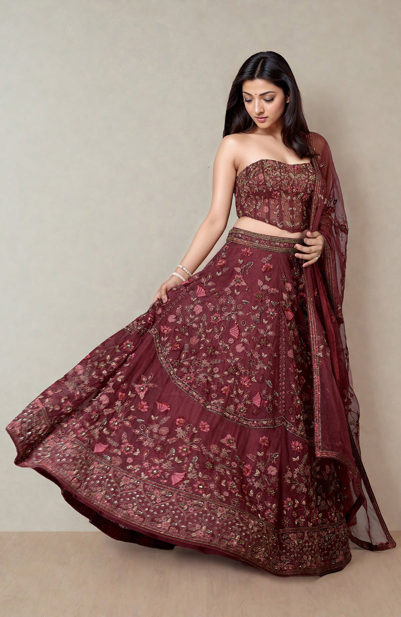 A Love Song Burgundy Wine Lehenga With Corset