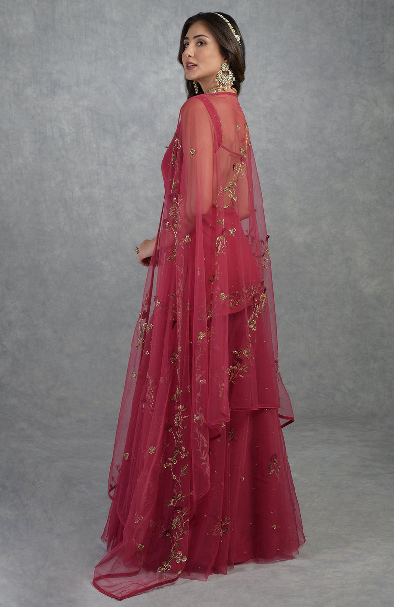 Red 3D Floral & Zardozi Hand Embroidered Sharara Set