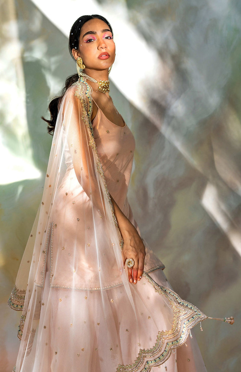 Champagne Pink Bead Sequin Hand Embroidered Sharara Set