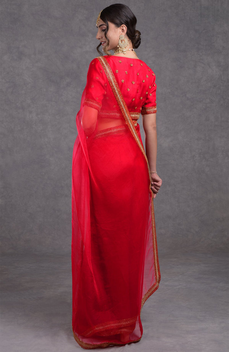 Tara - Red Crystal Beads & Zari Hand Embroidered Saree