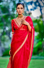 Tara - Red Crystal Beads & Zari Hand Embroidered Saree