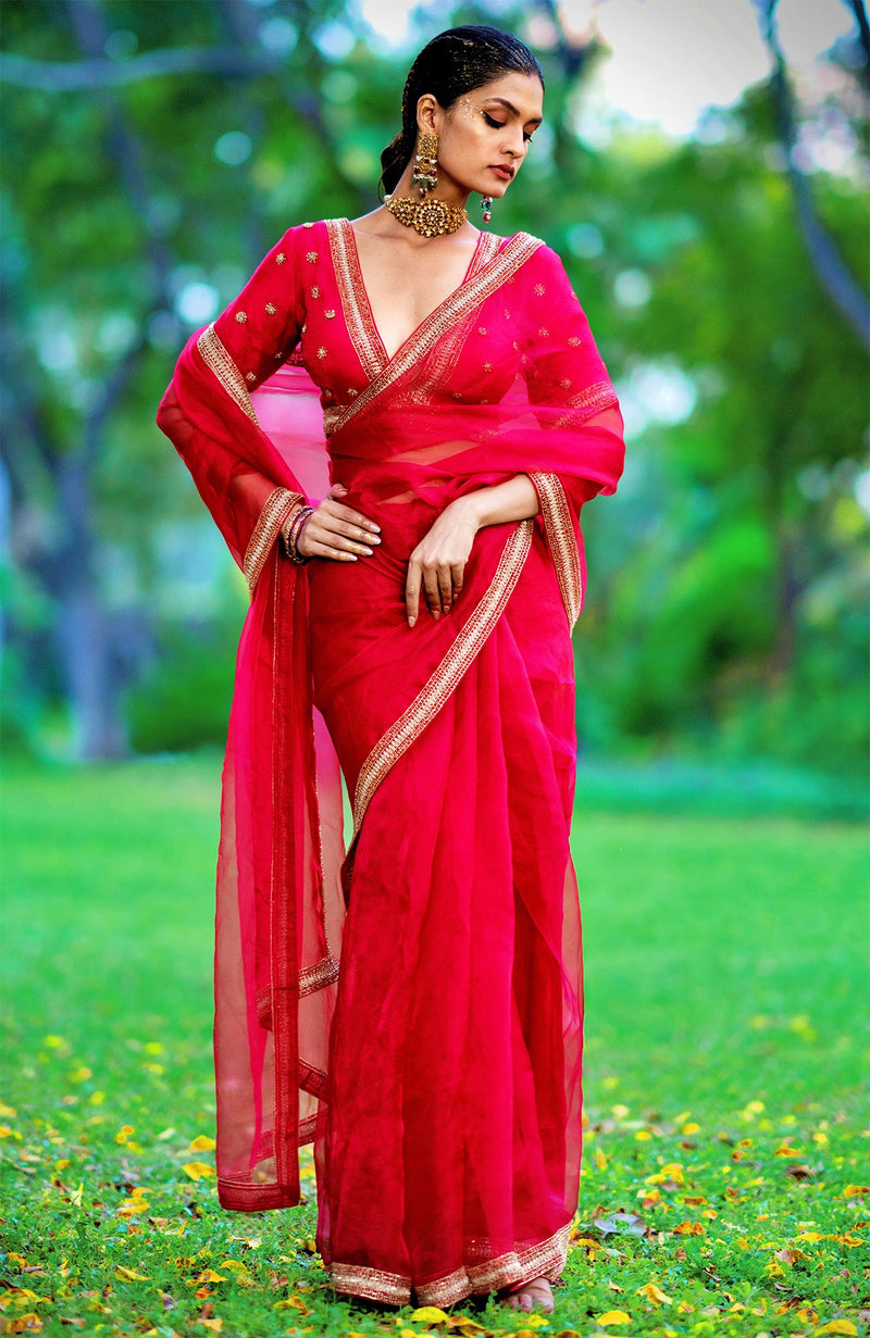 Tara - Red Crystal Beads & Zari Hand Embroidered Saree