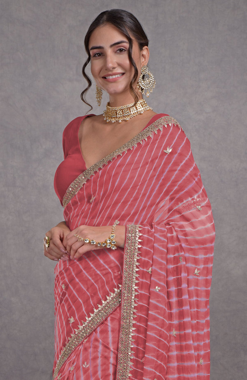 Garnet Rose Leheriya Rosegold Marori-Gota Patti Hand Embroidered Saree