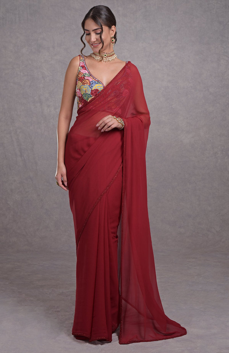 Red- Multicolor Resham Dabka-Sequin-Beads & Kamdani Hand Embroidered Saree