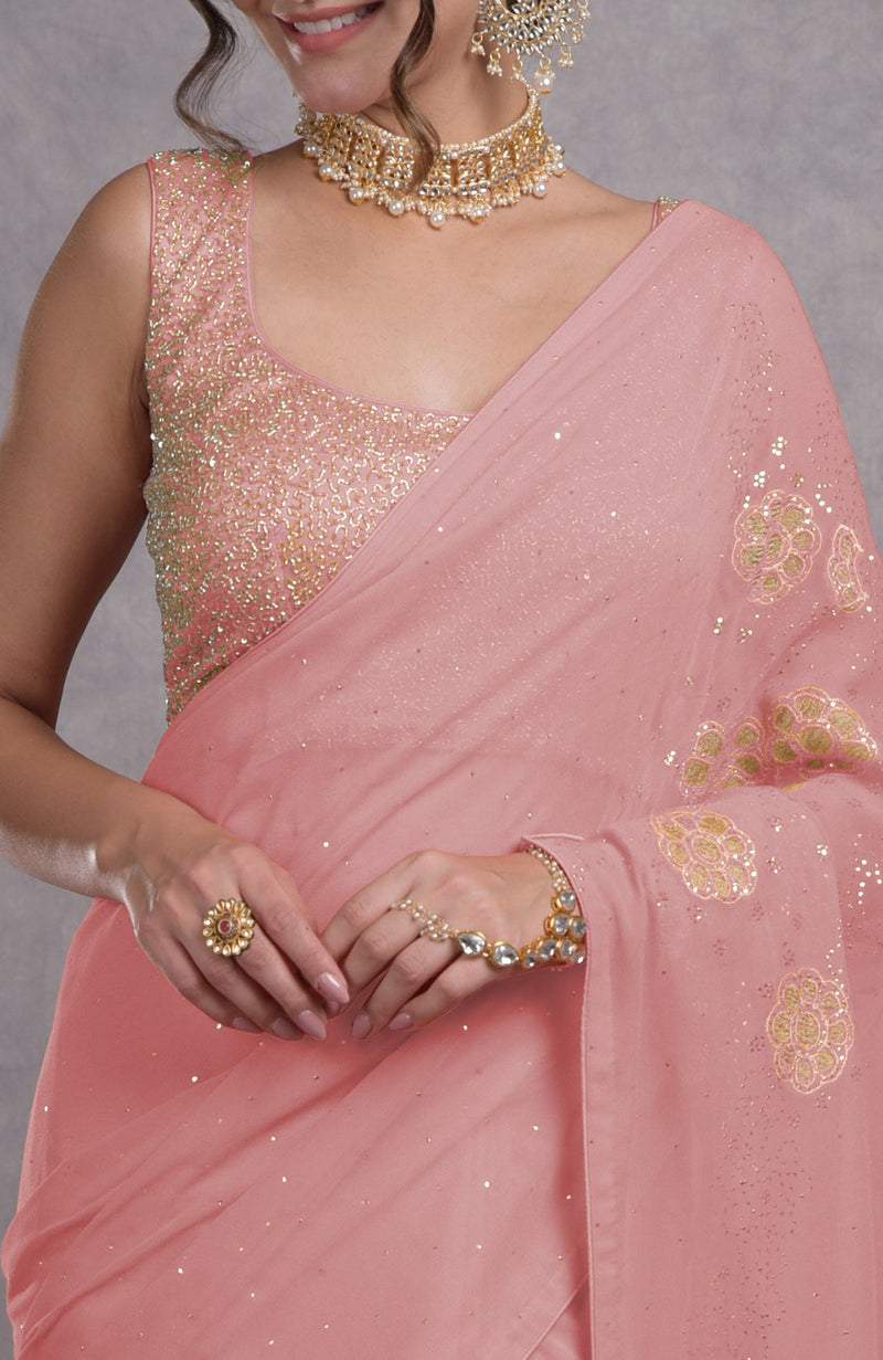 Pressed Rose Tissue Cutwork Hand Embroidered Mukaish Saree