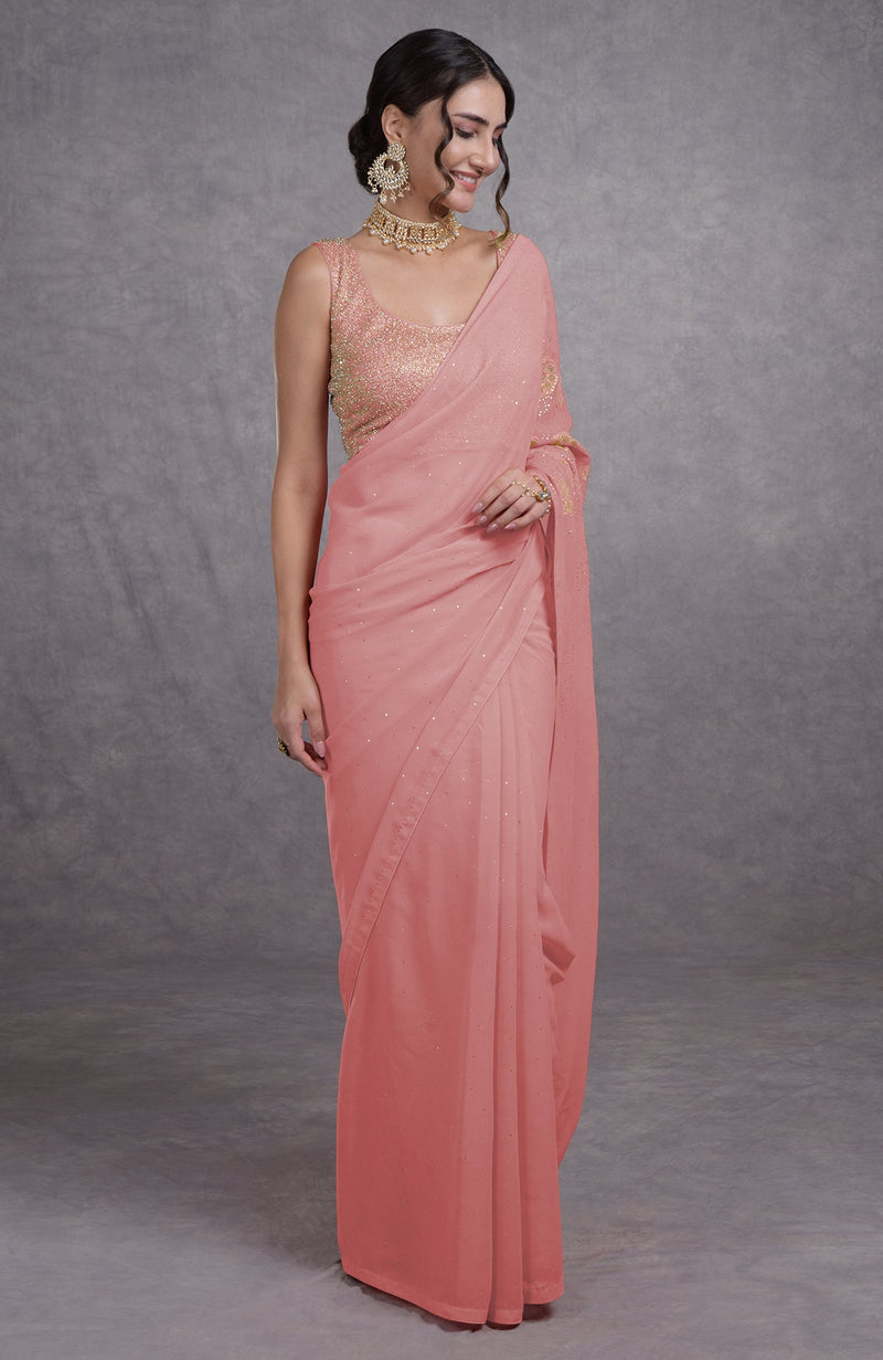 Pressed Rose Tissue Cutwork Hand Embroidered Mukaish Saree