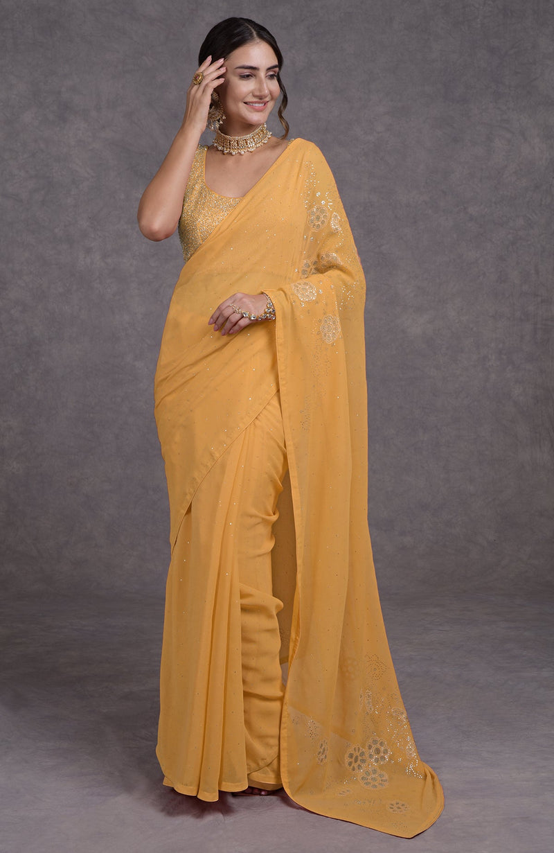 Camellia Peach Tissue Cutwork Hand Embroidered Mukaish Saree