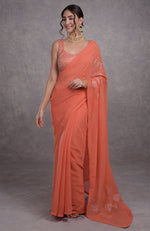 Camellia Peach Tissue Cutwork Hand Embroidered Mukaish Saree