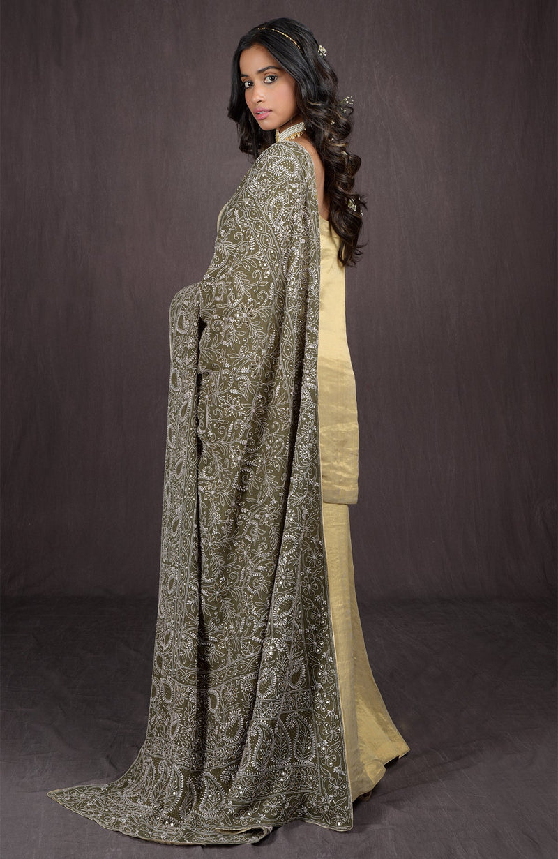 Olive Chikankari And Kamdani Hand Embroidered Pure Georgette Dupatta
