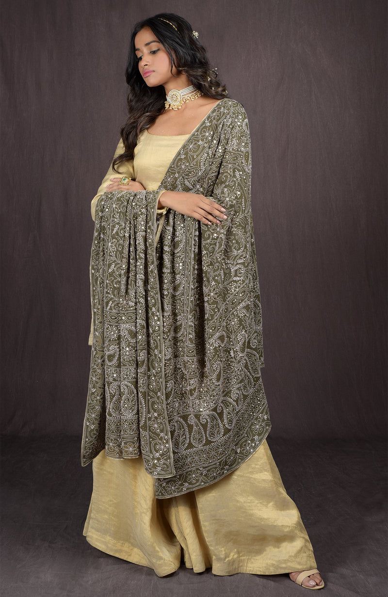 Olive Chikankari And Kamdani Hand Embroidered Pure Georgette Dupatta