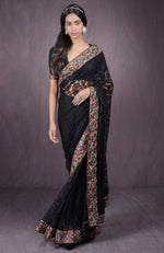 Black Parsi Gara Embroidered French Chantilly Lace Saree