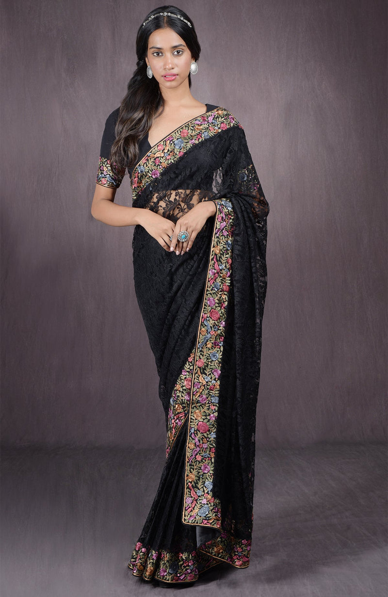 Black Parsi Gara Embroidered French Chantilly Lace Saree