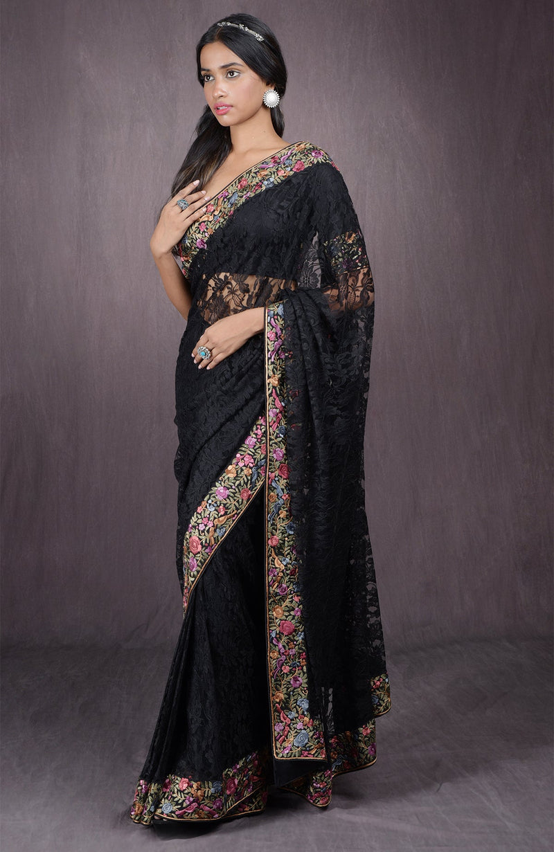 Black Parsi Gara Embroidered French Chantilly Lace Saree
