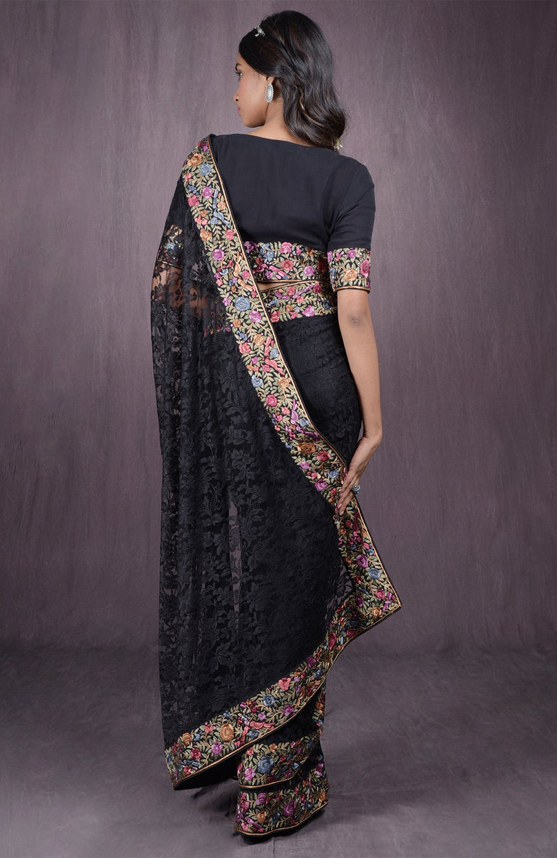 Black Parsi Gara Embroidered French Chantilly Lace Saree