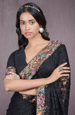 Black Parsi Gara Embroidered French Chantilly Lace Saree