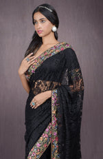 Black Parsi Gara Embroidered French Chantilly Lace Saree