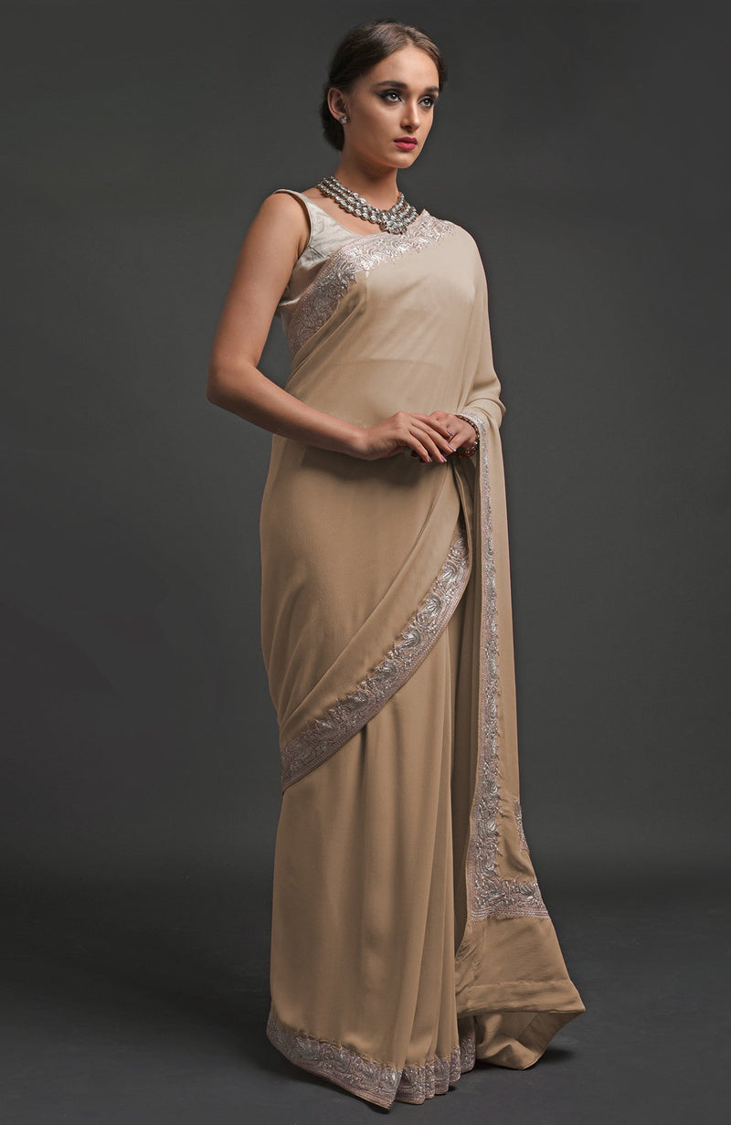 Navy Blue Kashmiri Tilla Embroidered Georgette Saree