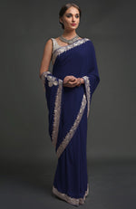 Navy Blue Kashmiri Tilla Embroidered Georgette Saree