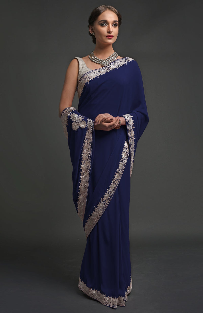 Navy Blue Kashmiri Tilla Embroidered Georgette Saree