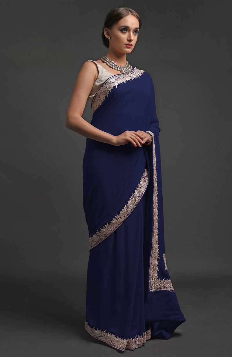Navy Blue Kashmiri Tilla Embroidered Georgette Saree