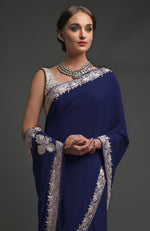Navy Blue Kashmiri Tilla Embroidered Georgette Saree